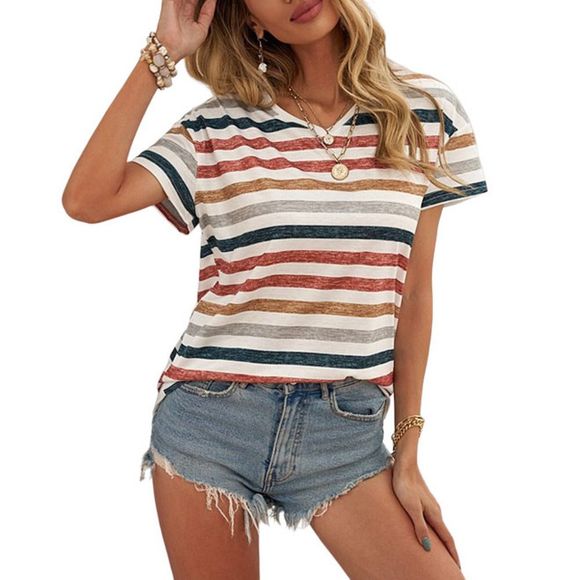 Zesica Tops - Zesica Blue Stripe V Neck Tee Women Size L